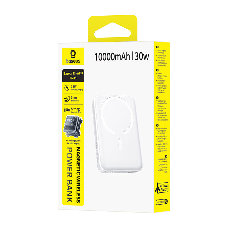 Bežična eksterna baterija Baseus EnerFill FM11, 10000mAh, 30W, PD + FQI, 1 x QI - 1 x USB-C, Bela