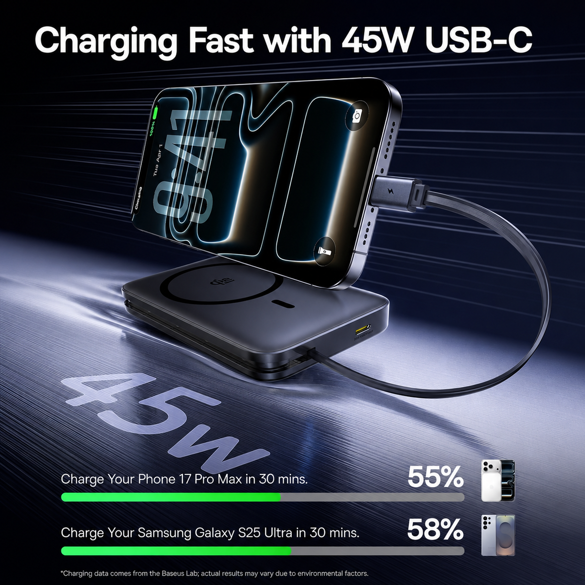 Bežična eksterna baterija Baseus PicoGo AM61, 10000mAh, 45W, PD + FQI, 1 x QI - 2 x USB-C, Crna E0028V00