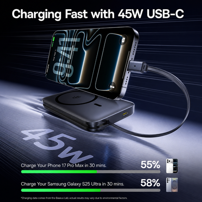 Bežična eksterna baterija Baseus PicoGo AM61, 10000mAh, 45W, PD + FQI, 1 x QI - 2 x USB-C, Crna E0028V00