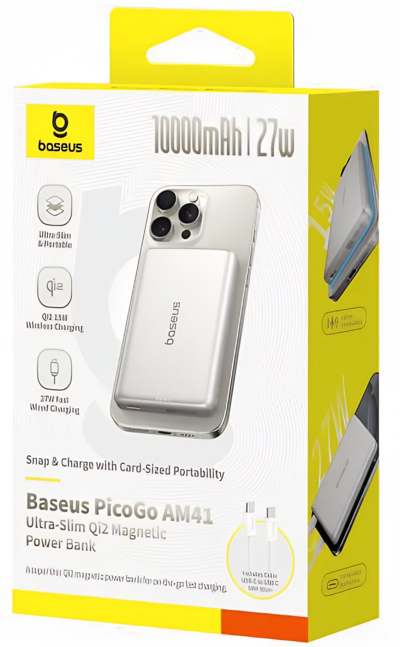 Spoljna bežična baterija Baseus PicoGo AM41, 10000mAh, 27W, PD + FQI, 1 x QI - 1 x USB-C, Bež E0027203