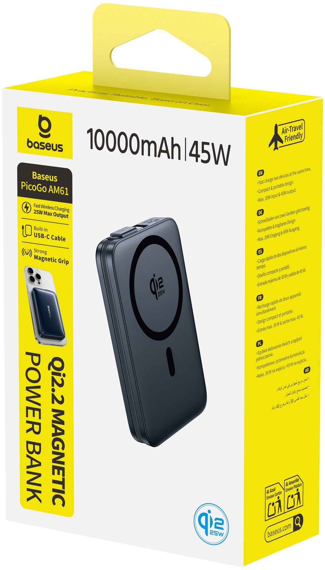 Bežična eksterna baterija Baseus PicoGo AM61, 10000mAh, 45W, PD + FQI, 1 x QI - 2 x USB-C, Crna E0028V00