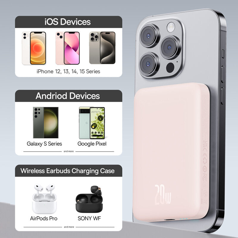 Baterie Externa Wireless Baseus Magnetic Mini, 10000mAh, 20W, PD + FQI, 1 x QI - 1 x USB-C, Roz P10059001413-00