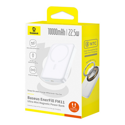 Spoljna bežična baterija Baseus EnerFill FM11 Ultra-Mini, 10000mAh, 22.5W, PD + FQI, 1 x QI - 1 x USB-C, Bela P1008210E213-00
