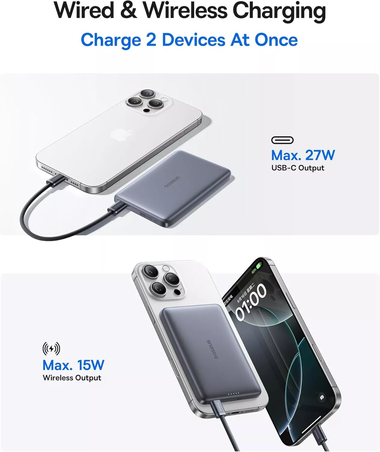 Spoljna bežična baterija Baseus PicoGo AM41, 10000mAh, 27W, PD + FQI, 1 x QI - 1 x USB-C, Siva E0027200