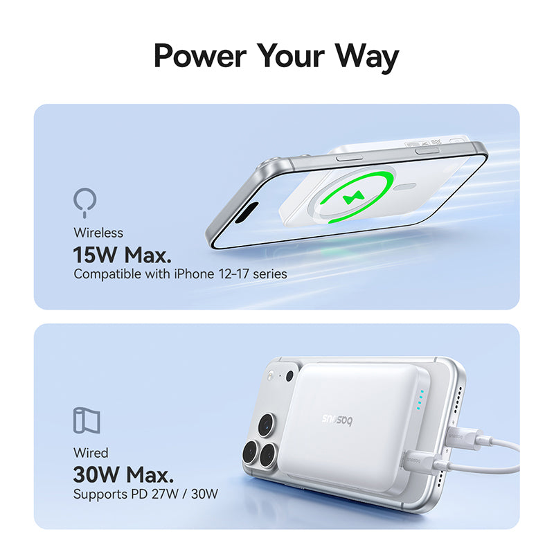 Bežična eksterna baterija Baseus EnerFill FM11, 10000mAh, 30W, PD + FQI, 1 x QI - 1 x USB-C, Bela