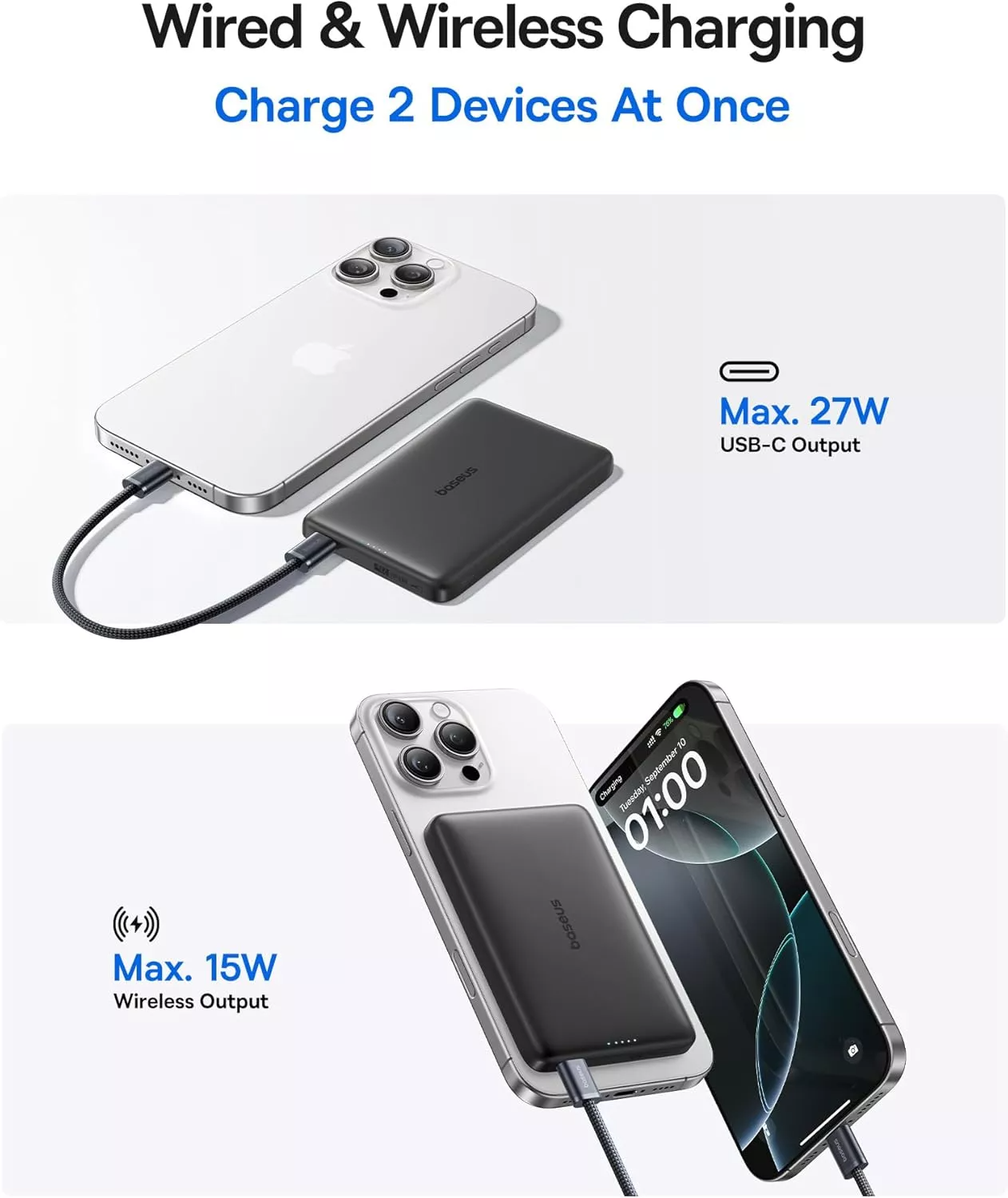 Spoljna bežična baterija Baseus PicoGo AM41, 10000mAh, 27W, PD + FQI, 1 x QI - 1 x USB-C, Crna E0027201
