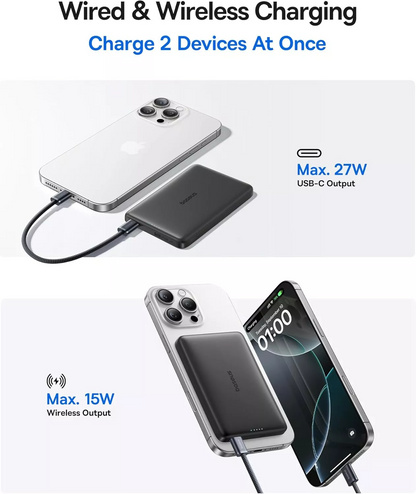 Spoljna bežična baterija Baseus PicoGo AM41, 10000mAh, 27W, PD + FQI, 1 x QI - 1 x USB-C, Crna E0027201