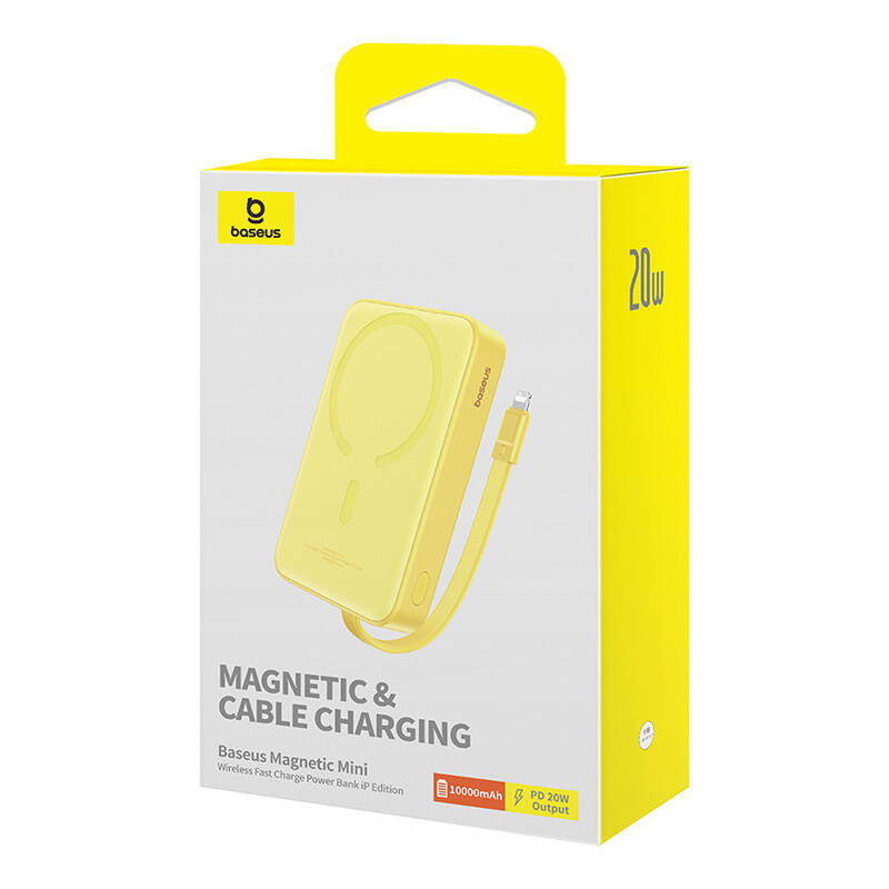 Spoljna bežična baterija Baseus Magnetic Mini, 10000mAh, 20W, PD + FQI, 1 x Lightning - 1 x QI - 1 x USB-C, Žuta P10022109Y23-00