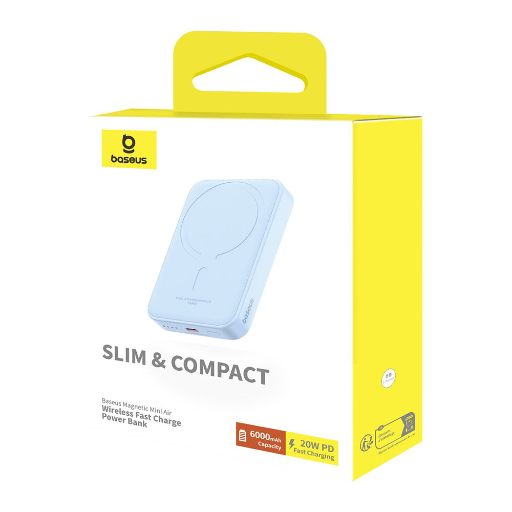 Spoljna bežična baterija Baseus Mini Air, 6000mAh, 20W, PD + FQI, 1 x QI - 1 x USB-C, Plava P10059002313-00
