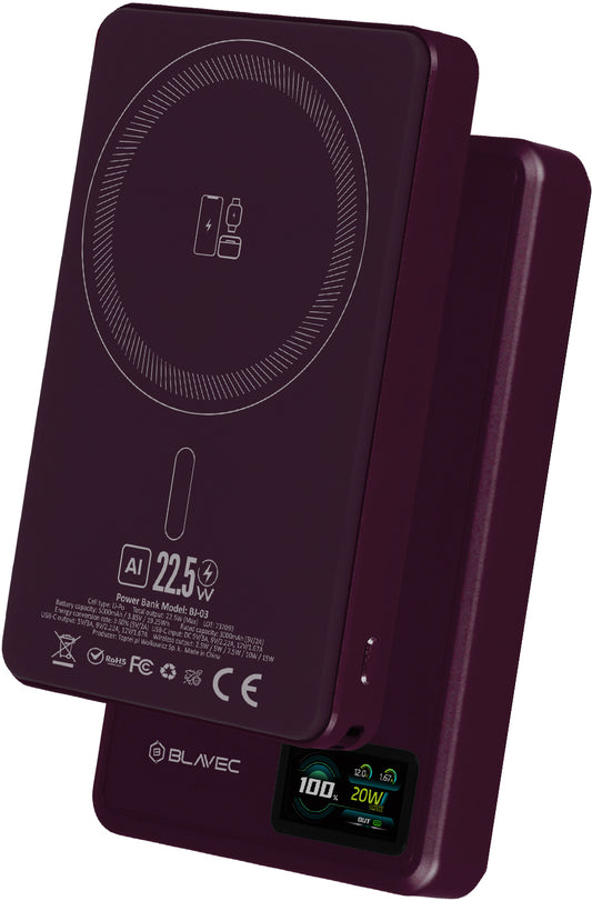 Bežična eksterna baterija Blavec BJ-03 Slim, 10000 mAh, 22,5 W, PD + FQI, 1 x QI - 1 x USB-C, ljubičasta