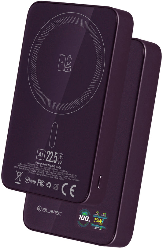 Bežična eksterna baterija Blavec BJ-04 Slim, 10000 mAh, 22,5 W, PD + FQI, 1 x QI - 1 x USB-C, ljubičasta