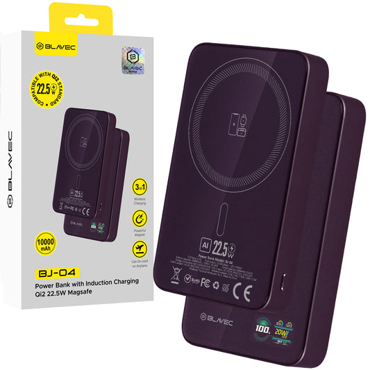 Bežična eksterna baterija Blavec BJ-04 Slim, 10000 mAh, 22,5 W, PD + FQI, 1 x QI - 1 x USB-C, ljubičasta