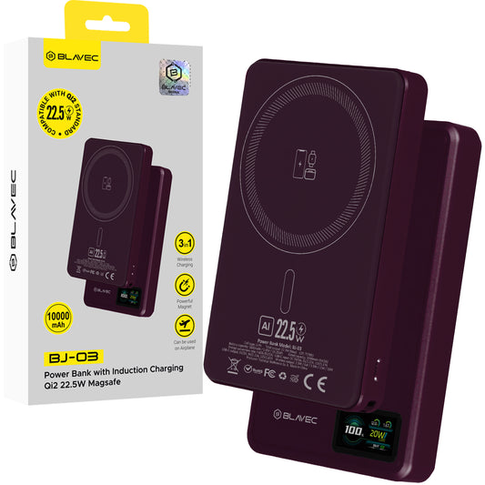 Bežična eksterna baterija Blavec BJ-03 Slim, 10000 mAh, 22,5 W, PD + FQI, 1 x QI - 1 x USB-C, ljubičasta
