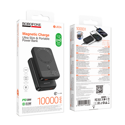 Spoljna bežična baterija Borofone BJ82A Dawn, 10000mAh, 22.5W, QC + PD + FQI, 1 x QI - 1 x USB-A - 1 x USB-C, Crna