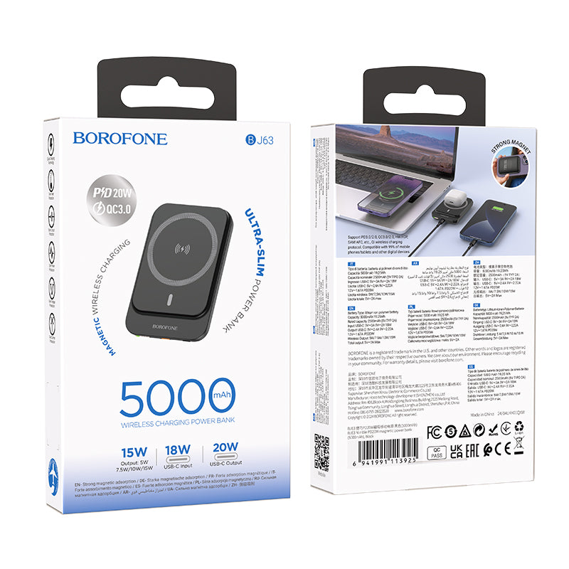 Spoljna baterija Wireless Borofone BJ63 Nimble, 5000mAh, 20W, PD + FQI, 1 x QI - 1 x USB-C, Crna