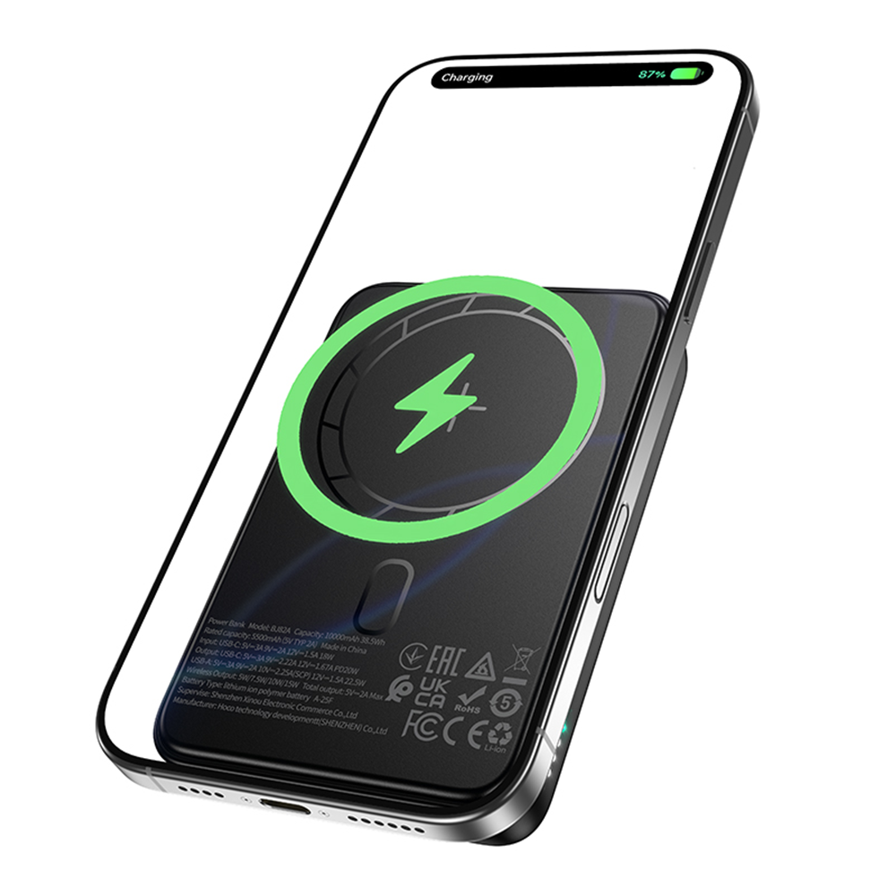 Spoljna bežična baterija Borofone BJ82A Dawn, 10000mAh, 22.5W, QC + PD + FQI, 1 x QI - 1 x USB-A - 1 x USB-C, Crna