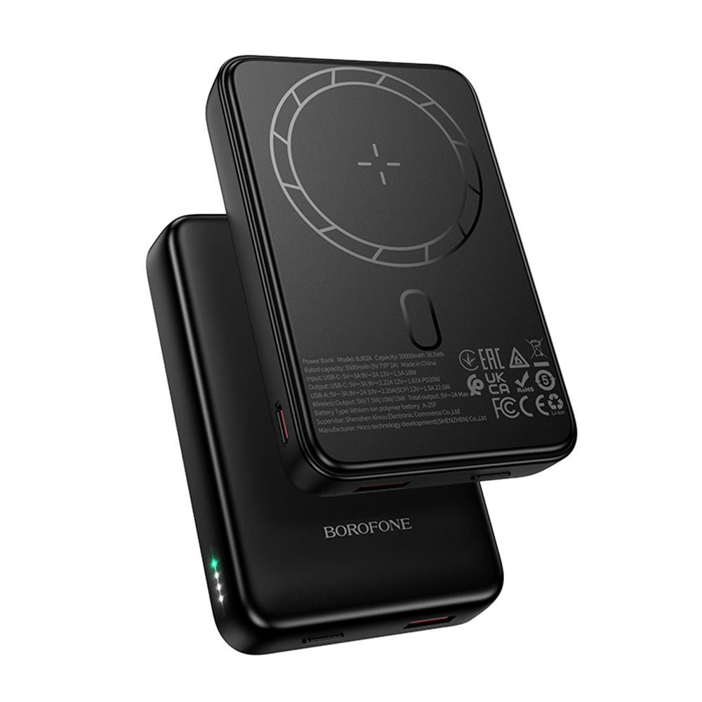 Spoljna bežična baterija Borofone BJ82A Dawn, 10000mAh, 22.5W, QC + PD + FQI, 1 x QI - 1 x USB-A - 1 x USB-C, Crna