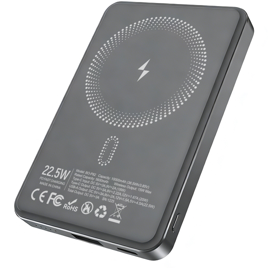 Bežična Eksterna Baterija BWOO BO-P82, 10000mAh, 22.5W, PD + FQI, 1 x QI - 1 x USB-C, Siva