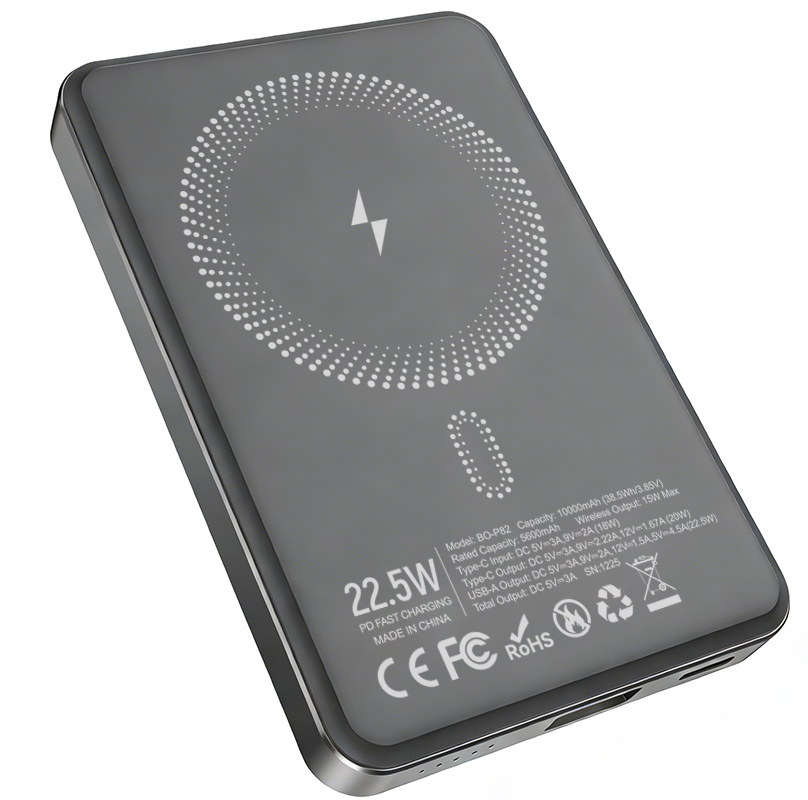 Bežična Eksterna Baterija BWOO BO-P82, 10000mAh, 22.5W, PD + FQI, 1 x QI - 1 x USB-C, Siva