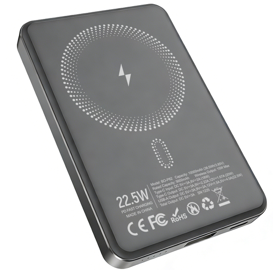 Bežična Eksterna Baterija BWOO BO-P82, 10000mAh, 22.5W, PD + FQI, 1 x QI - 1 x USB-C, Siva