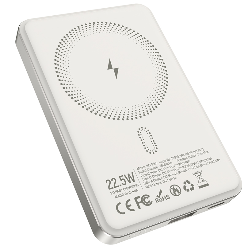 Bežična Eksterna Baterija BWOO BO-P82, 10000mAh, 22.5W, PD + FQI, 1 x QI - 1 x USB-C, Bela