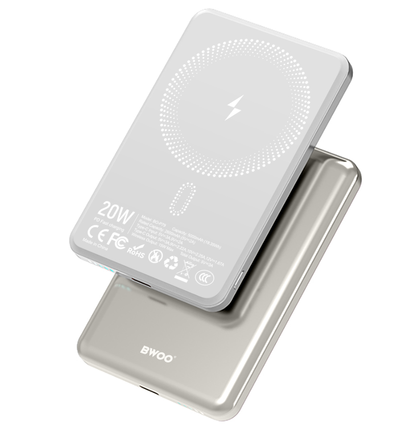 Bežična Eksterna Baterija BWOO P79, 5000mAh, 20W, PD + FQI, 1 x QI - 1 x USB-C, Siva
