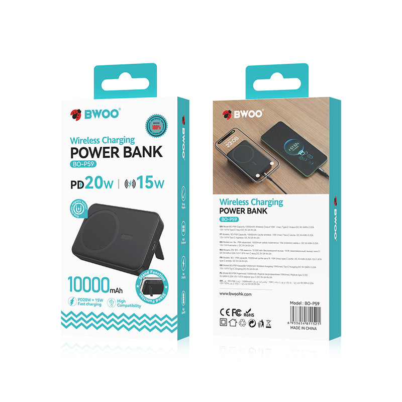 Eksterna baterija Wireless BWOO BO-P59, 10000mAh, 20W, PD + FQI, 1 x QI - 1 x USB-C, Crna