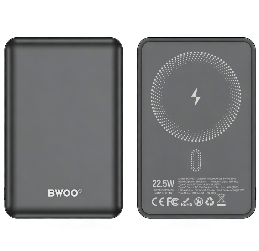 Bežična Eksterna Baterija BWOO BO-P82, 10000mAh, 22.5W, PD + FQI, 1 x QI - 1 x USB-C, Siva