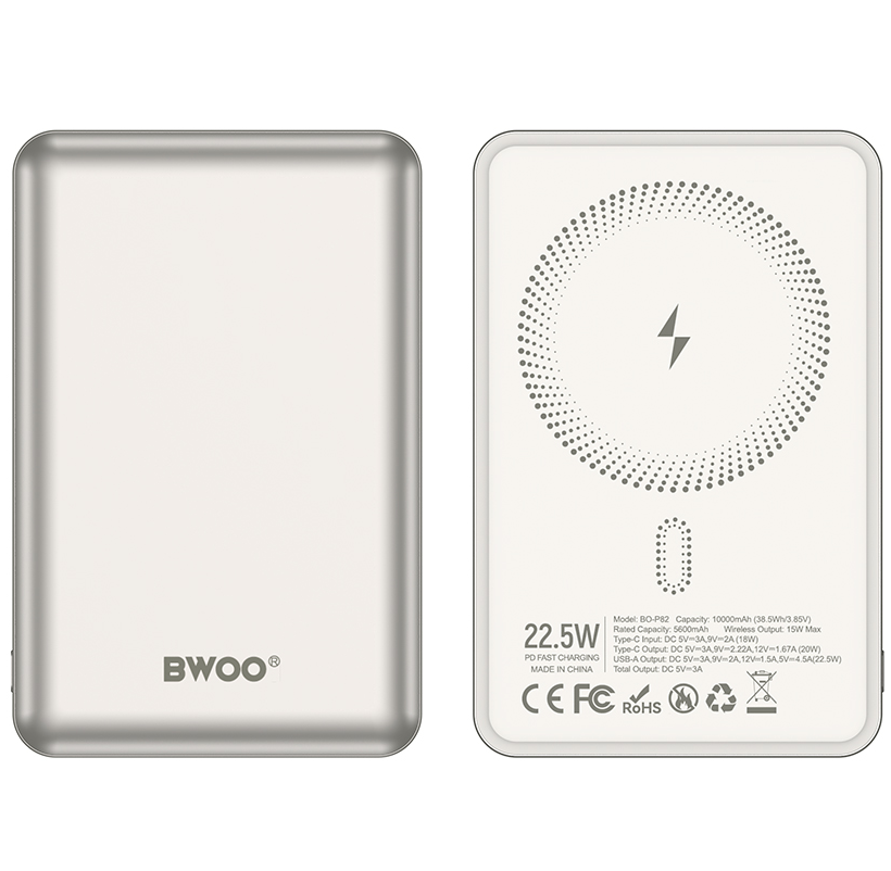 Bežična Eksterna Baterija BWOO BO-P82, 10000mAh, 22.5W, PD + FQI, 1 x QI - 1 x USB-C, Bela
