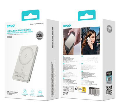 Bežična Eksterna Baterija BWOO P79, 5000mAh, 20W, PD + FQI, 1 x QI - 1 x USB-C, Siva