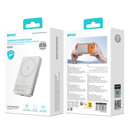 Bežična Eksterna Baterija BWOO BO-P82, 10000mAh, 22.5W, PD + FQI, 1 x QI - 1 x USB-C, Bela
