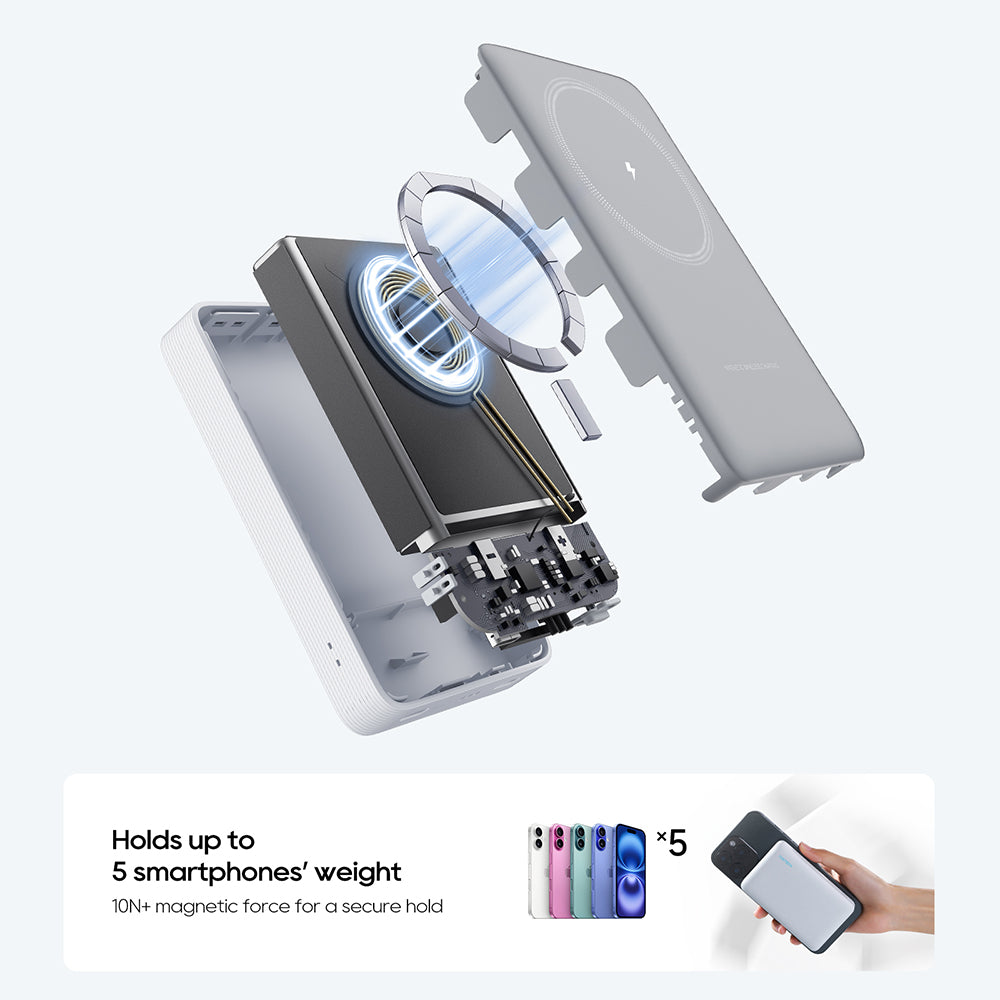 Bežična eksterna baterija Cuktech WPB100N, 10000mAh, 20W, PD + FQI, 1 x QI - 1 x USB-C, Bela CKWPB100NGLGR