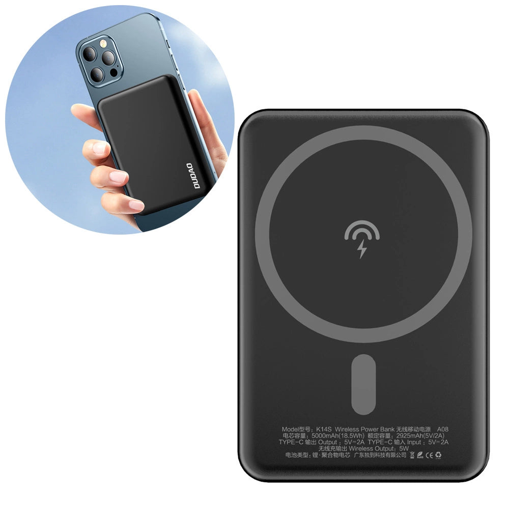 Eksterna bežična baterija Dudao K14S, 5000mAh, 10W, PD + QI, 1 x QI - 1 x USB-C, Crna