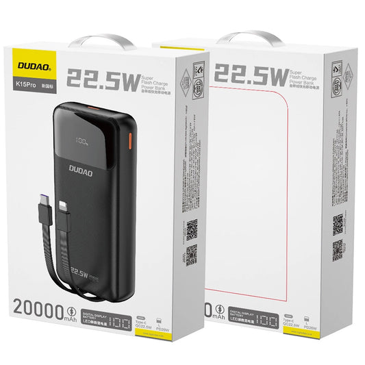 External Battery Dudao K15Pro, 20000mAh, 22.5W, QC + PD, 1 x USB-A - 1 x USB-C, Black 