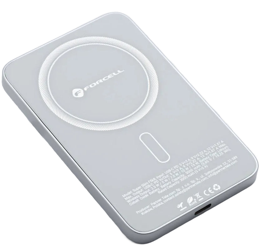 Spoljna baterija Wireless Forcell F5K8, 5000mAh, 15W, PD + FQI, 1 x QI - 1 x USB-C, Bela