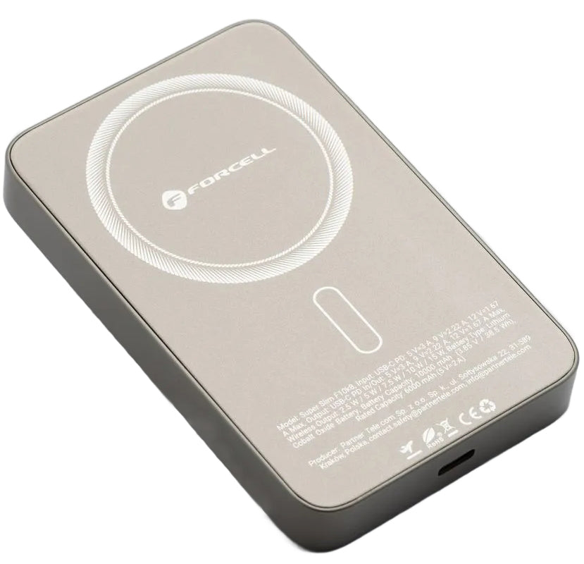 Spoljna baterija Wireless Forcell F10K8, 10000mAh, 15W, PD + FQI, 1 x QI - 1 x USB-C, Zlatna