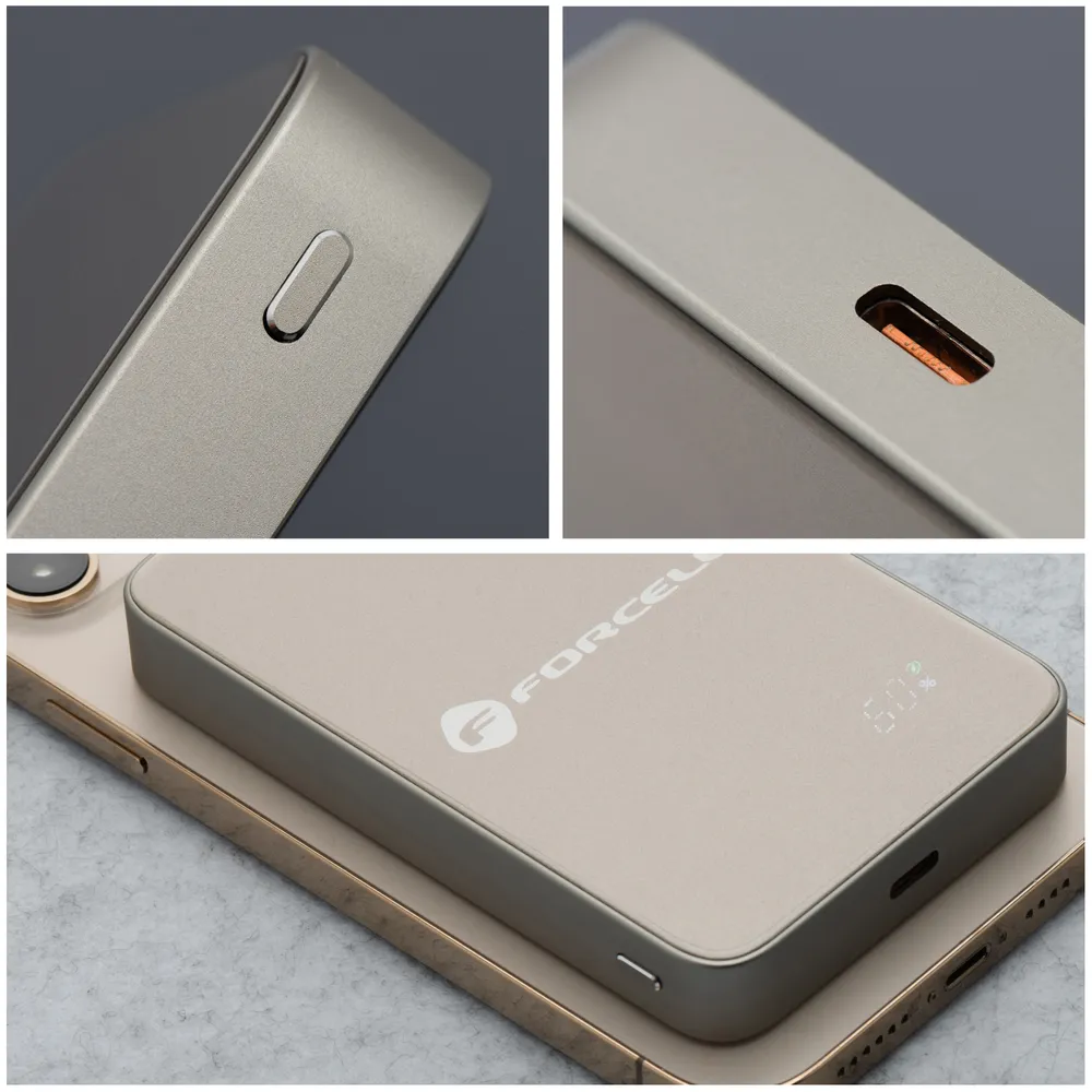 Spoljna baterija Wireless Forcell F5K8, 5000mAh, 15W, PD + FQI, 1 x QI - 1 x USB-C, Zlatna