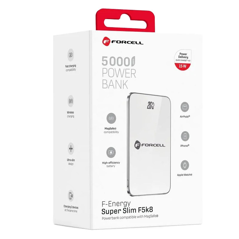Spoljna baterija Wireless Forcell F5K8, 5000mAh, 15W, PD + FQI, 1 x QI - 1 x USB-C, Bela