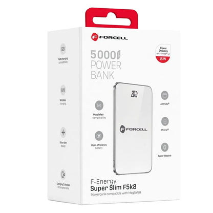 Spoljna baterija Wireless Forcell F5K8, 5000mAh, 15W, PD + FQI, 1 x QI - 1 x USB-C, Bela