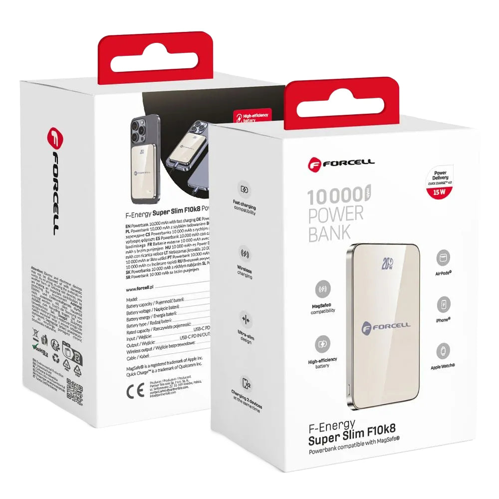 Spoljna baterija Wireless Forcell F10K8, 10000mAh, 15W, PD + FQI, 1 x QI - 1 x USB-C, Zlatna