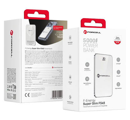 Spoljna baterija Wireless Forcell F5K8, 5000mAh, 15W, PD + FQI, 1 x QI - 1 x USB-C, Bela