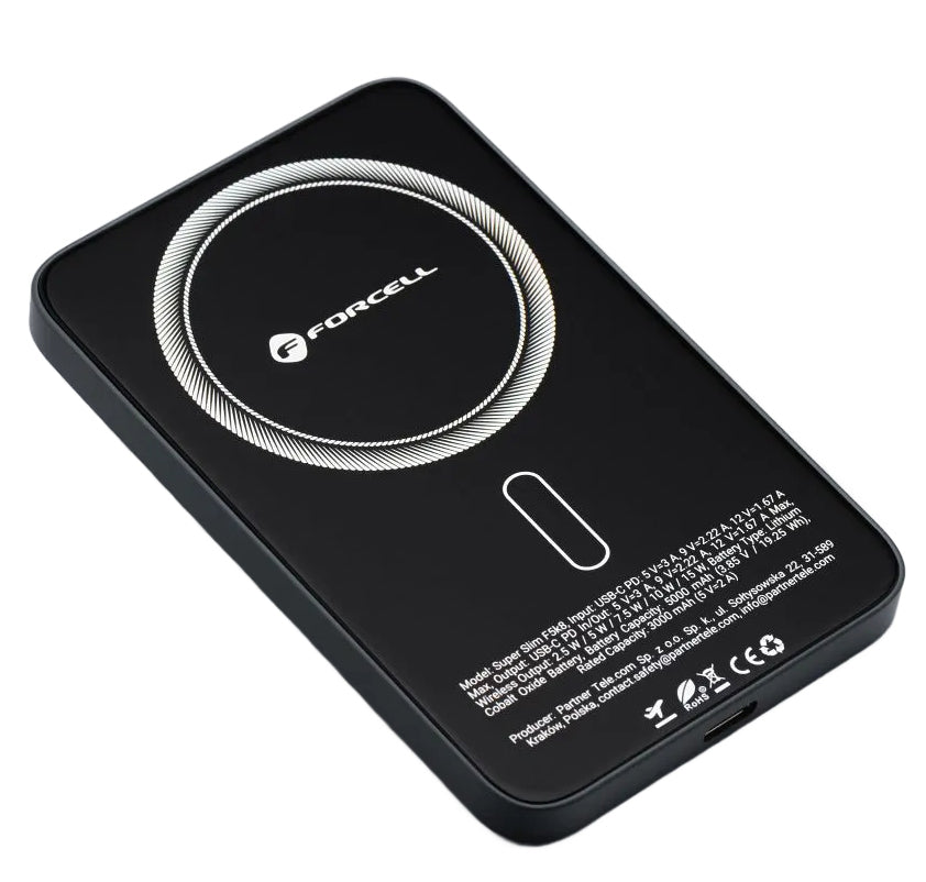 Spoljna bežična baterija Forcell F5K8, 5000mAh, 15W, PD + FQI, 1 x QI - 1 x USB-C, Crna