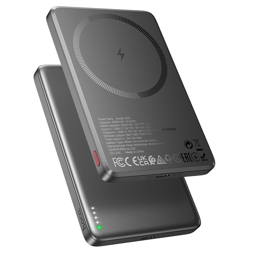 Bežična Eksterna Baterija HOCO Q26, 5000mAh, 20W, PD + FQI, 1 x QI - 1 x USB-C, Siva