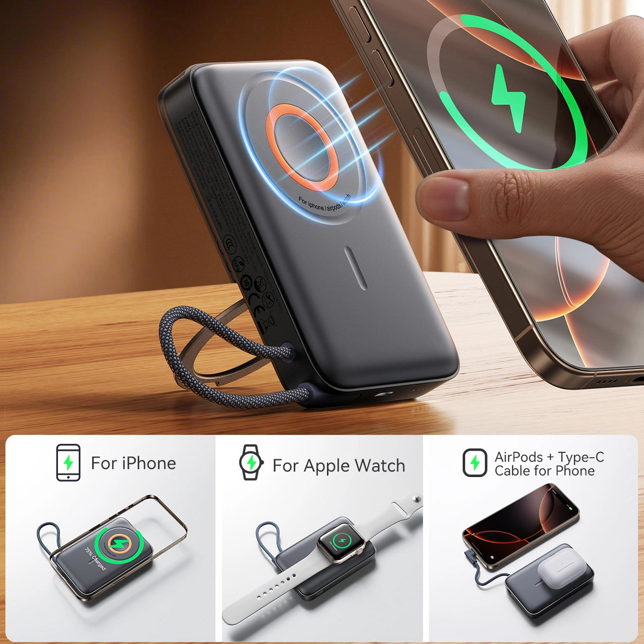 Spoljna bežična baterija Joyroom JR-PBM02, 10000mAh, 22.5W, PD + FQI, 1 x QI - 2 x USB-C, Crna