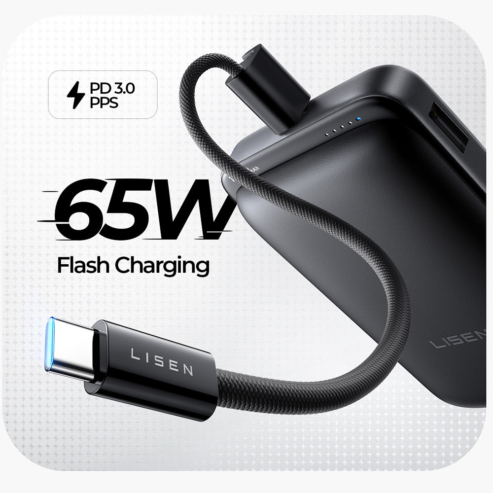 Bežična Eksterna Baterija Lisen P604, 10000mAh, 65W, QC + PD + FQI, 1 x QI - 1 x USB-A - 1 x USB-C, Crna