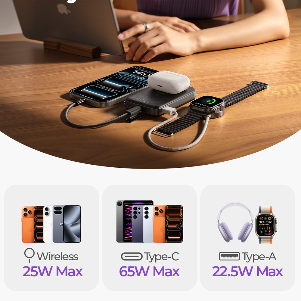 Bežična Eksterna Baterija Lisen P604, 10000mAh, 65W, QC + PD + FQI, 1 x QI - 1 x USB-A - 1 x USB-C, Crna