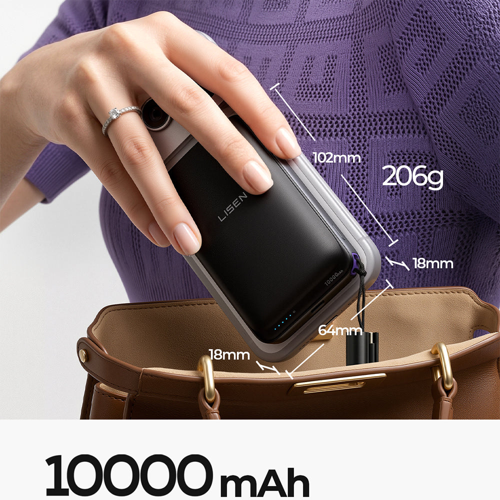 Bežična Eksterna Baterija Lisen P604, 10000mAh, 65W, QC + PD + FQI, 1 x QI - 1 x USB-A - 1 x USB-C, Crna