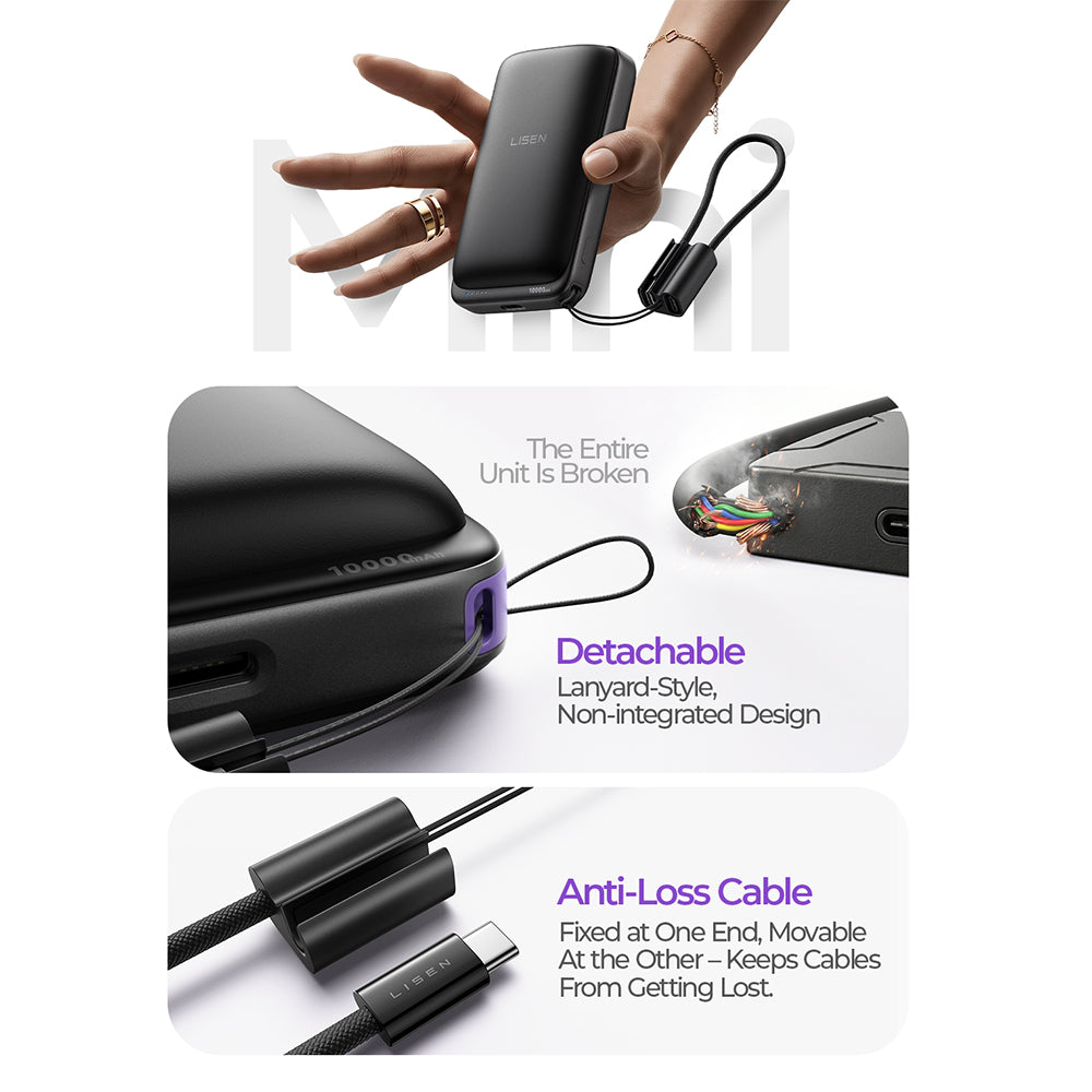 Bežična Eksterna Baterija Lisen P604, 10000mAh, 65W, QC + PD + FQI, 1 x QI - 1 x USB-A - 1 x USB-C, Crna