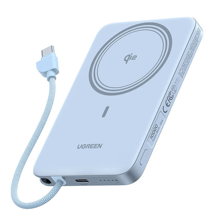 Bežična eksterna baterija UGREEN PB570 (65839B), 10000 mAh, 30 W, PD + FQI, 1 x QI – 2 x USB-C, plava