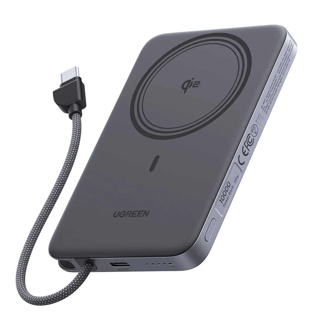 Bežična eksterna baterija UGREEN PB570 (75982B), 10000 mAh, 30 W, PD + FQI, 1 x QI – 2 x USB-C, siva